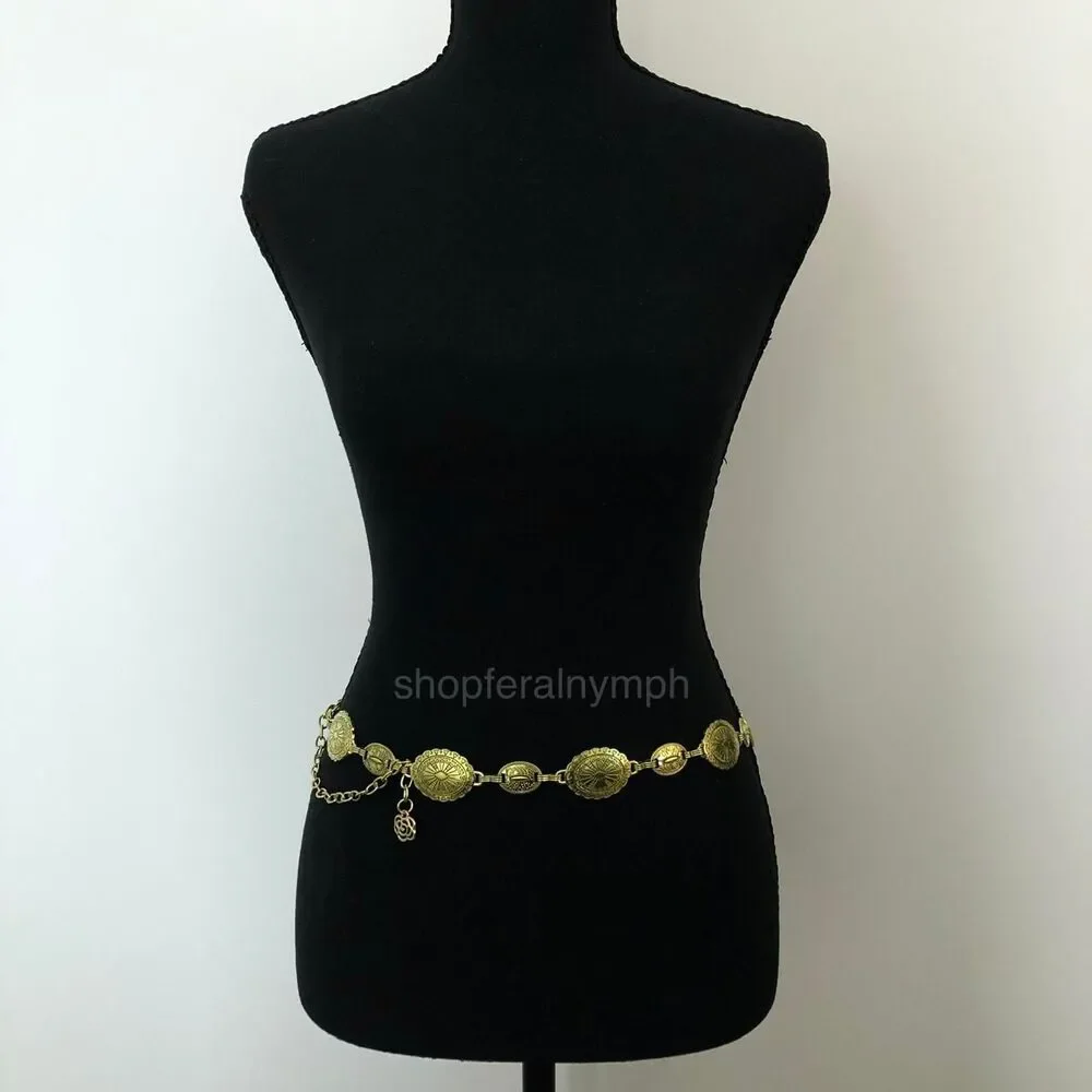 Vintage Y2K Boho Gold Medallion Chain Belt, Fits 22.5–38 Inches, X7GA1199